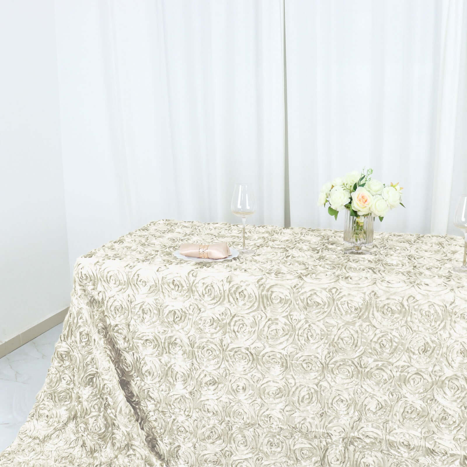 Satin 90"x156" Rectangle Tablecloth Ivory - Grandiose 3D Rosette Table Cover with Seamless Finish - Linen Luxes