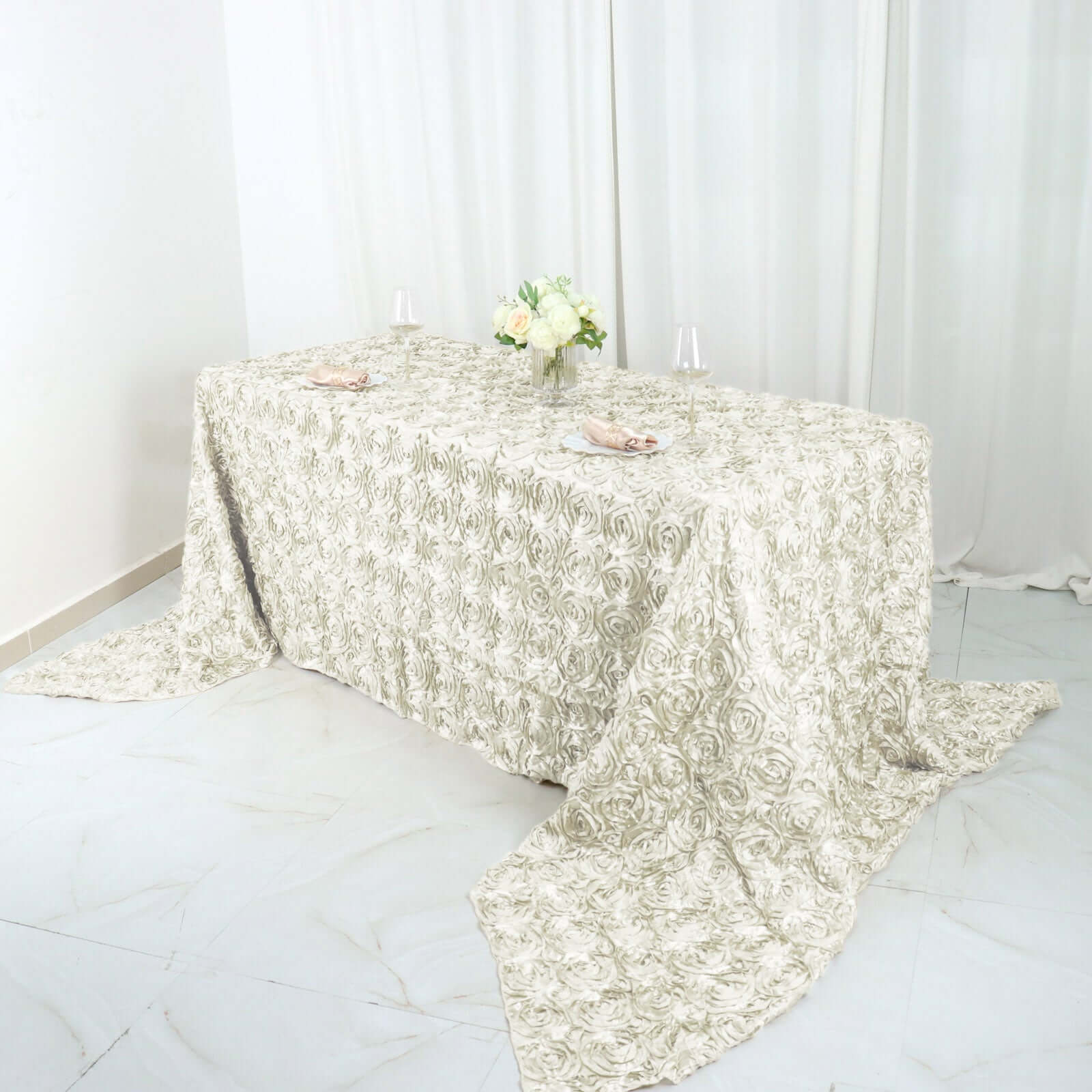Satin 90"x156" Rectangle Tablecloth Ivory - Grandiose 3D Rosette Table Cover with Seamless Finish - Linen Luxes