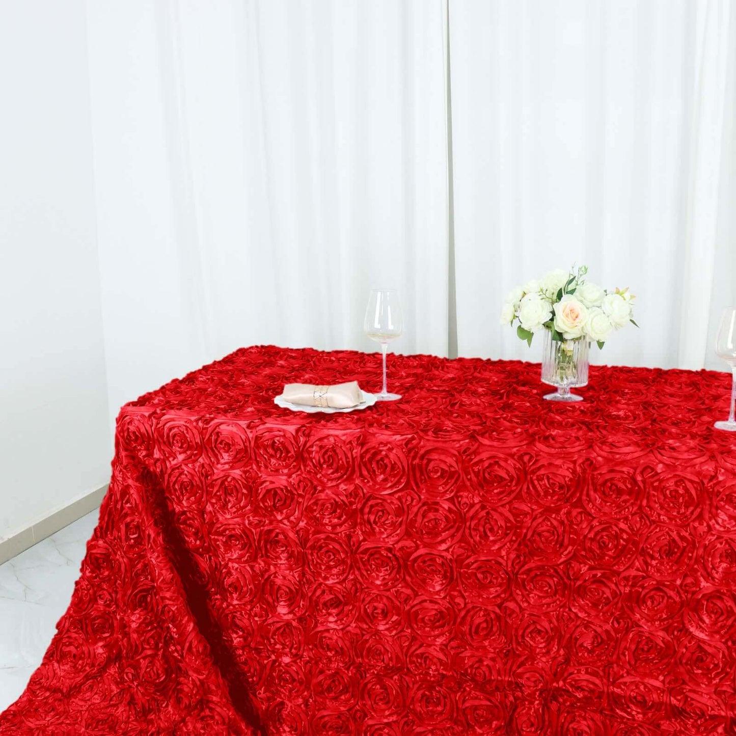 Satin 90"x156" Rectangle Tablecloth Red - Grandiose 3D Rosette Table Cover with Seamless Finish - Linen Luxes