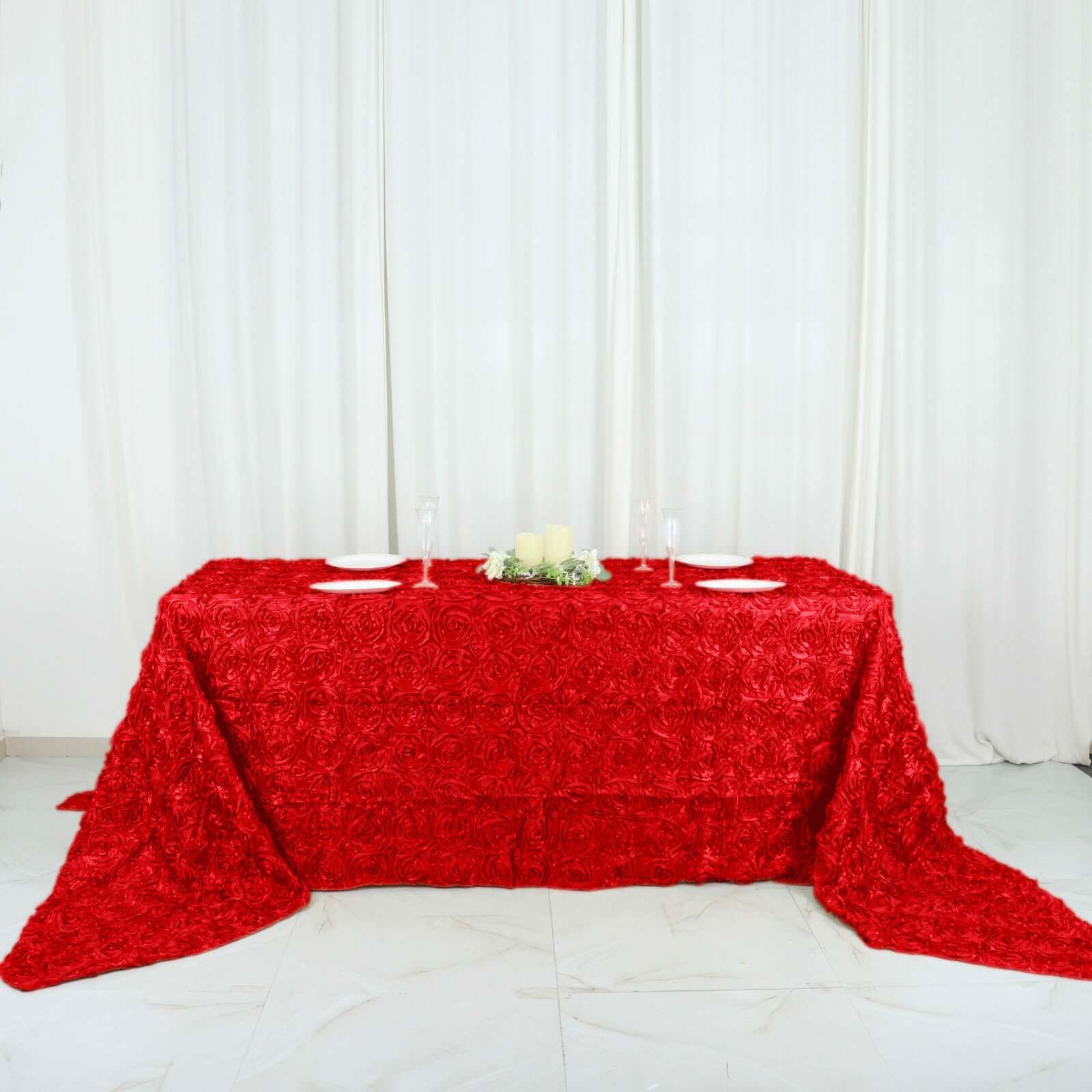Satin 90"x156" Rectangle Tablecloth Red - Grandiose 3D Rosette Table Cover with Seamless Finish - Linen Luxes