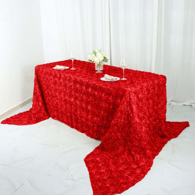 Satin 90"x156" Rectangle Tablecloth Red - Grandiose 3D Rosette Table Cover with Seamless Finish - Linen Luxes