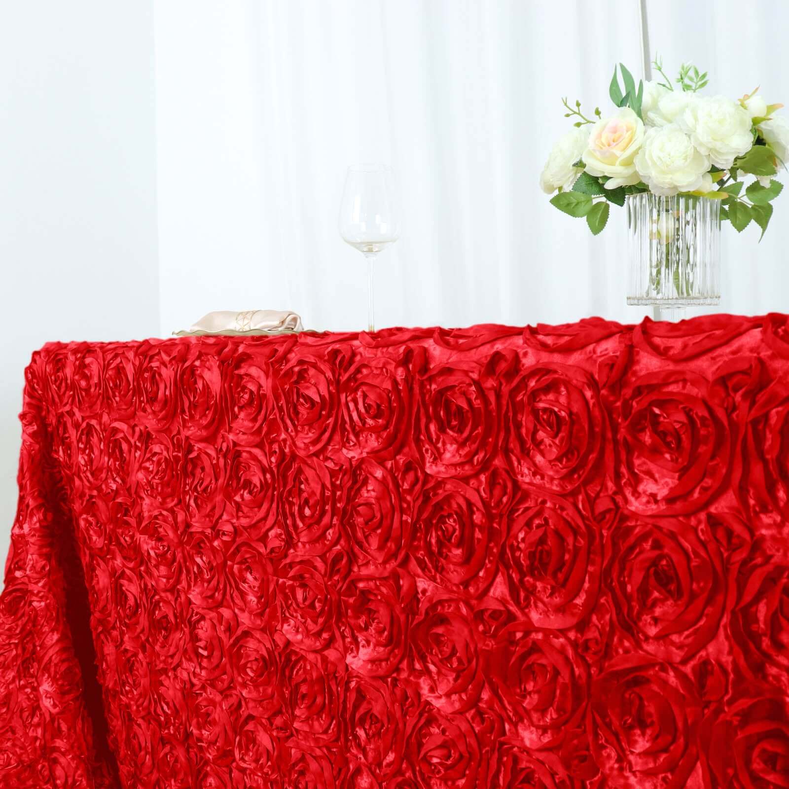 Satin 90"x156" Rectangle Tablecloth Red - Grandiose 3D Rosette Table Cover with Seamless Finish - Linen Luxes