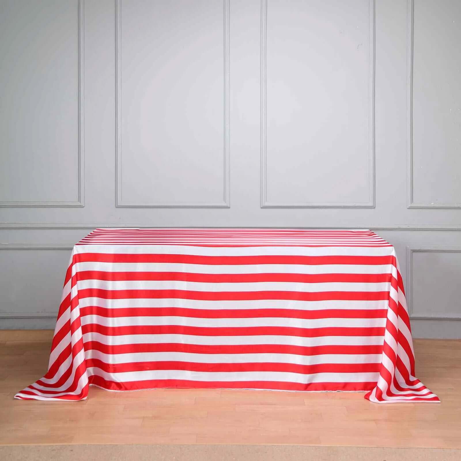 Satin 90"x156" Rectangle Tablecloth Red/White - Stripe Design with Seamless Finish Table Cover - Linen Luxes