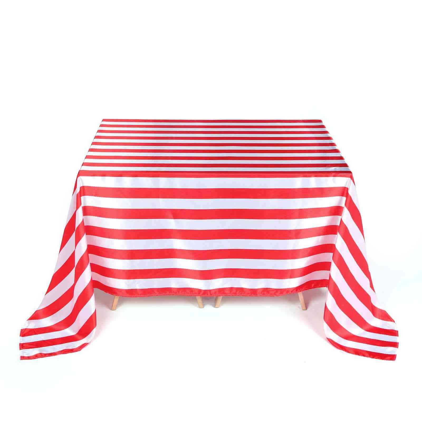 Satin 90"x156" Rectangle Tablecloth Red/White - Stripe Design with Seamless Finish Table Cover - Linen Luxes