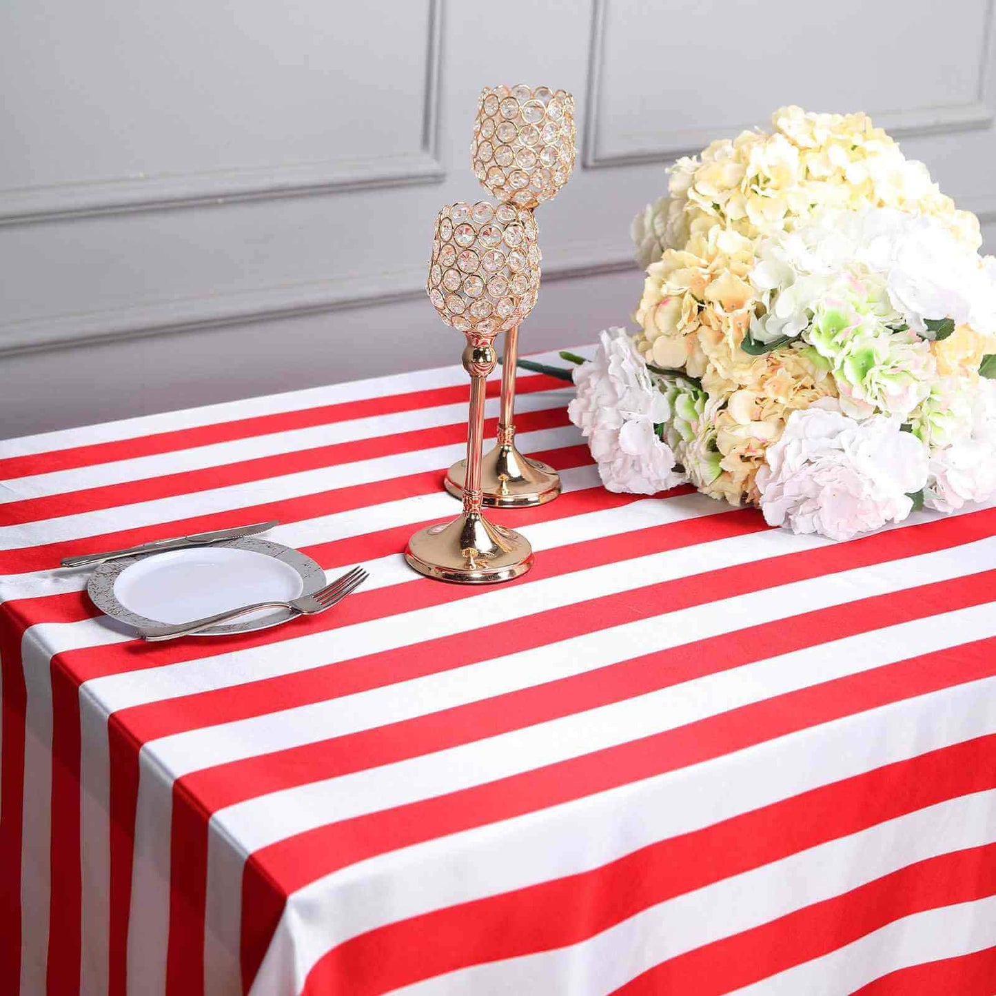 Satin 90"x156" Rectangle Tablecloth Red/White - Stripe Design with Seamless Finish Table Cover - Linen Luxes