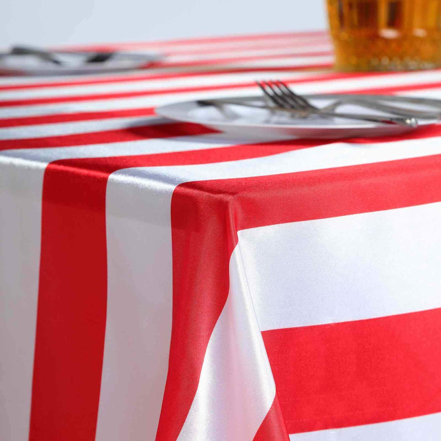 Satin 90"x156" Rectangle Tablecloth Red/White - Stripe Design with Seamless Finish Table Cover - Linen Luxes