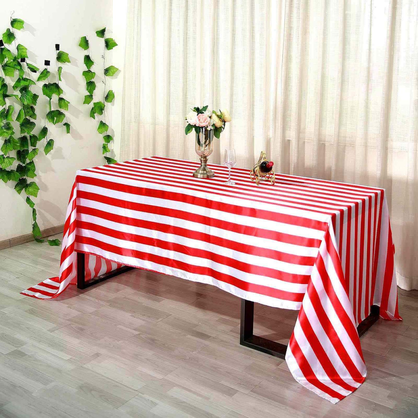 Satin 90"x156" Rectangle Tablecloth Red/White - Stripe Design with Seamless Finish Table Cover - Linen Luxes