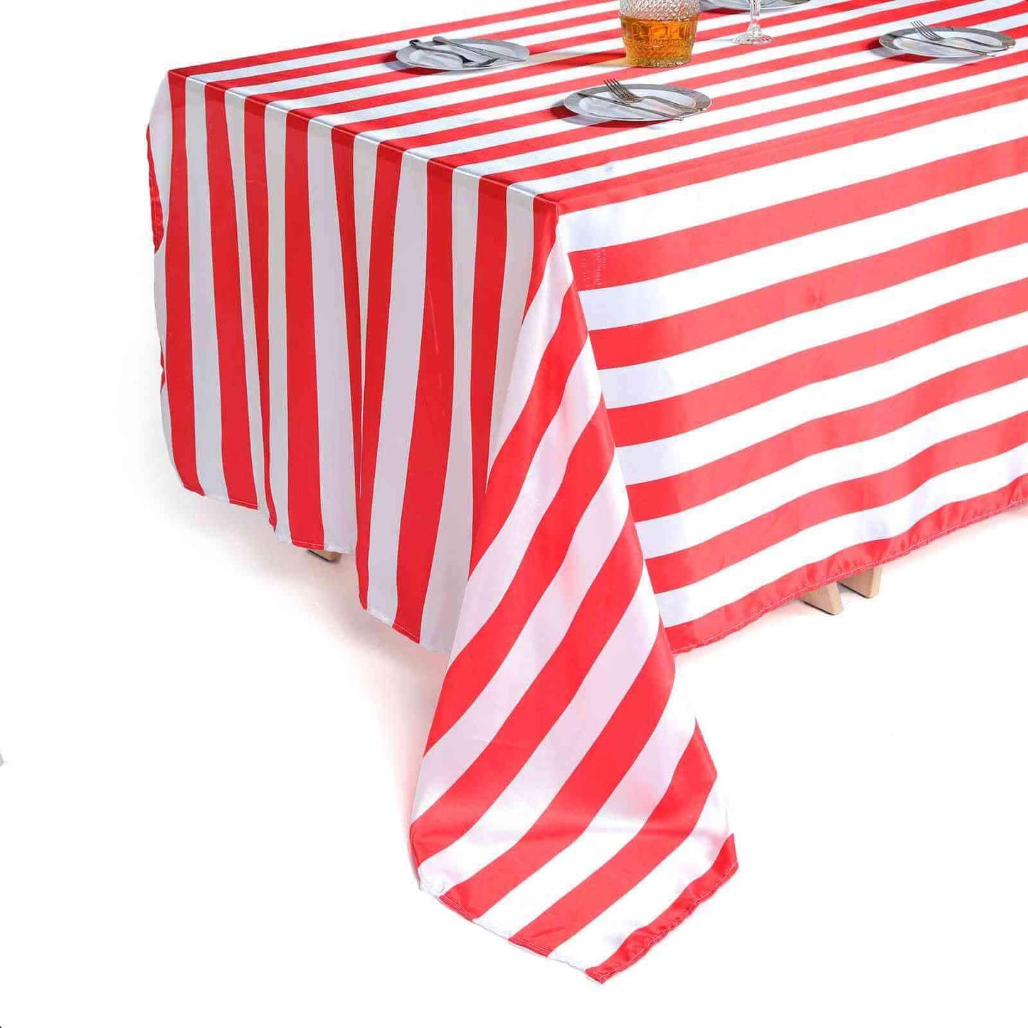 Satin 90"x156" Rectangle Tablecloth Red/White - Stripe Design with Seamless Finish Table Cover - Linen Luxes