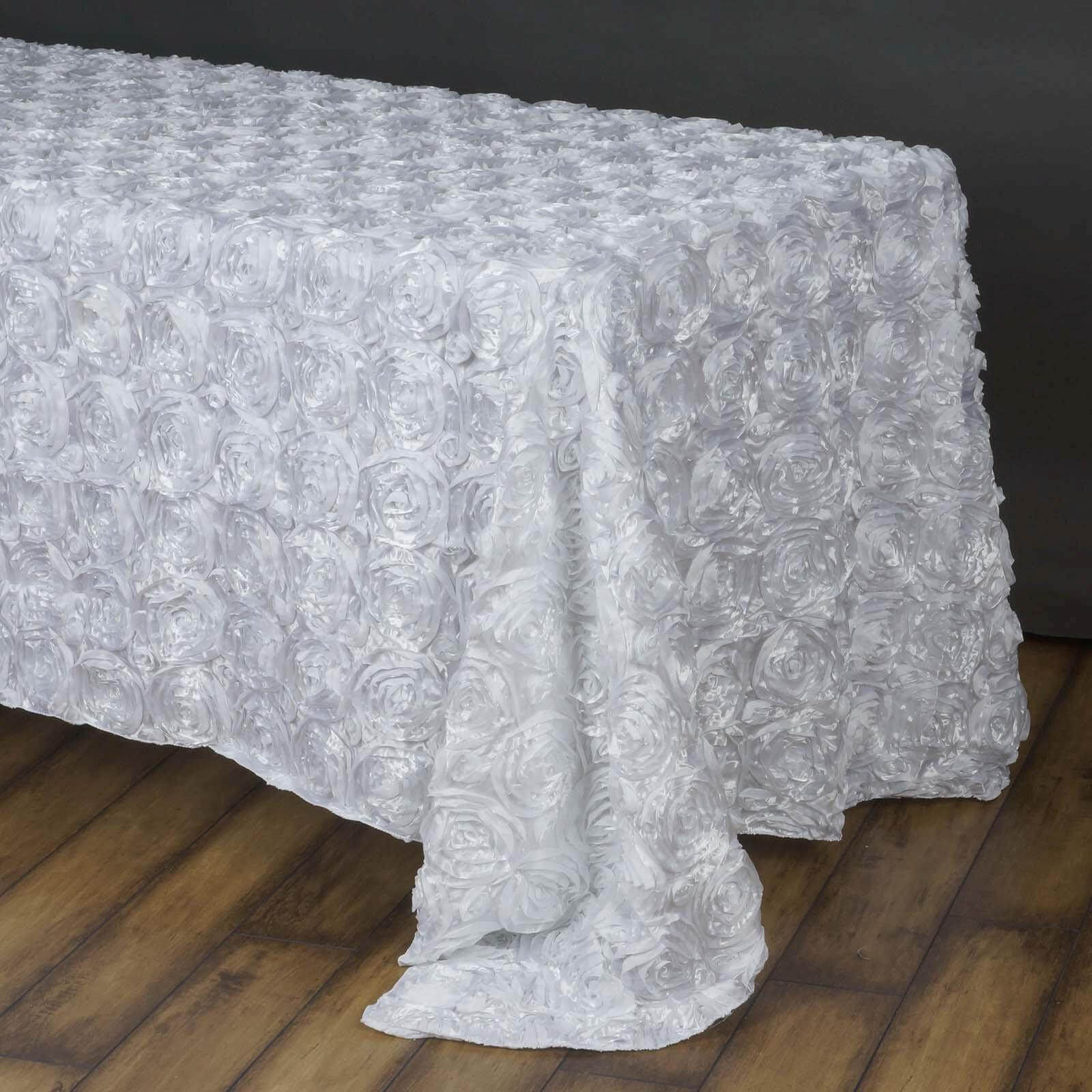 Satin 90"x156" Rectangle Tablecloth White - Grandiose 3D Rosette Design with Seamless Finish for Sophisticated Celebrations - Linen Luxes