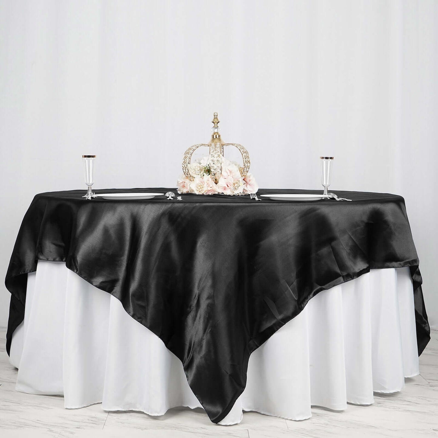 Satin 90"x90" Table Overlay Square Tablecloth Black - Smooth Finish Table Topper - Linen Luxes