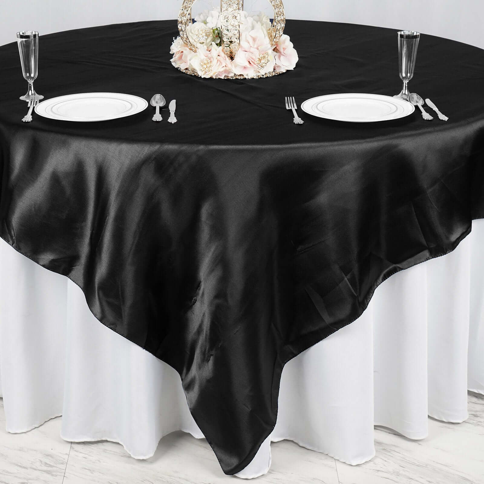 Satin 90"x90" Table Overlay Square Tablecloth Black - Smooth Finish Table Topper - Linen Luxes