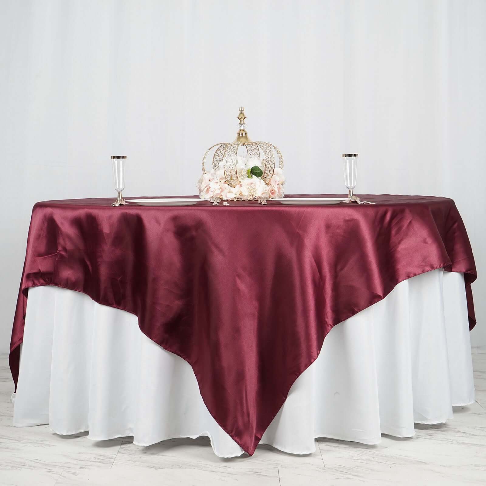 Satin 90"x90" Table Overlay Square Tablecloth Burgundy - Smooth Finish Table Topper - Linen Luxes