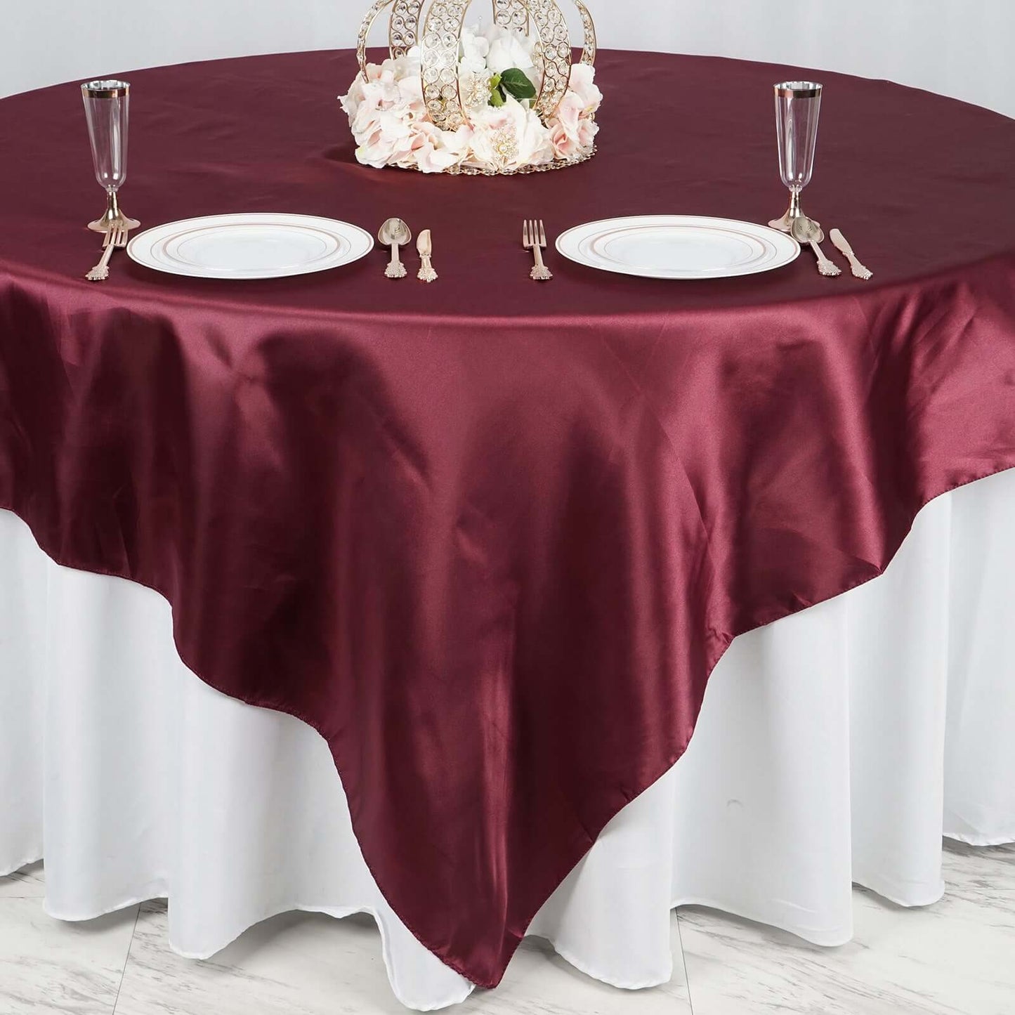 Satin 90"x90" Table Overlay Square Tablecloth Burgundy - Smooth Finish Table Topper - Linen Luxes