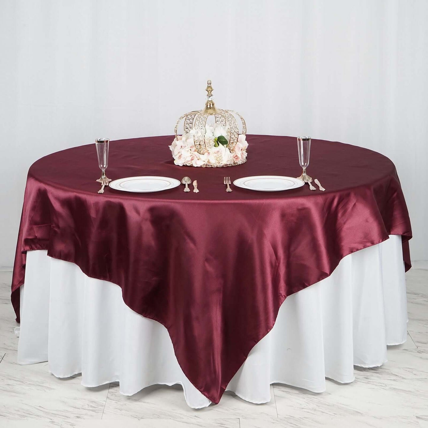 Satin 90"x90" Table Overlay Square Tablecloth Burgundy - Smooth Finish Table Topper - Linen Luxes