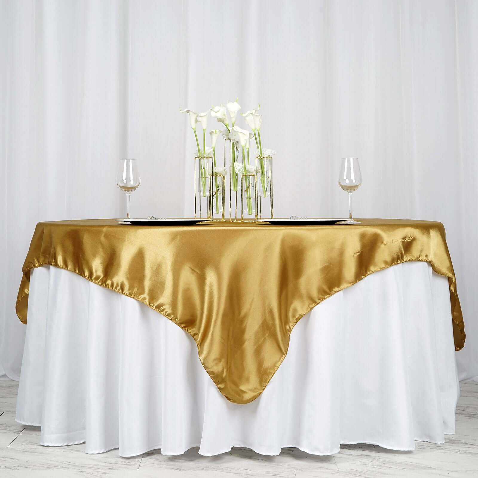 Satin 90"x90" Table Overlay Square Tablecloth Gold - Smooth Finish for Luxurious Events - Linen Luxes