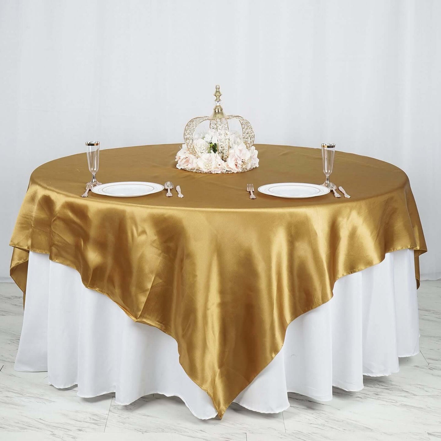 Satin 90"x90" Table Overlay Square Tablecloth Gold - Smooth Finish for Luxurious Events - Linen Luxes