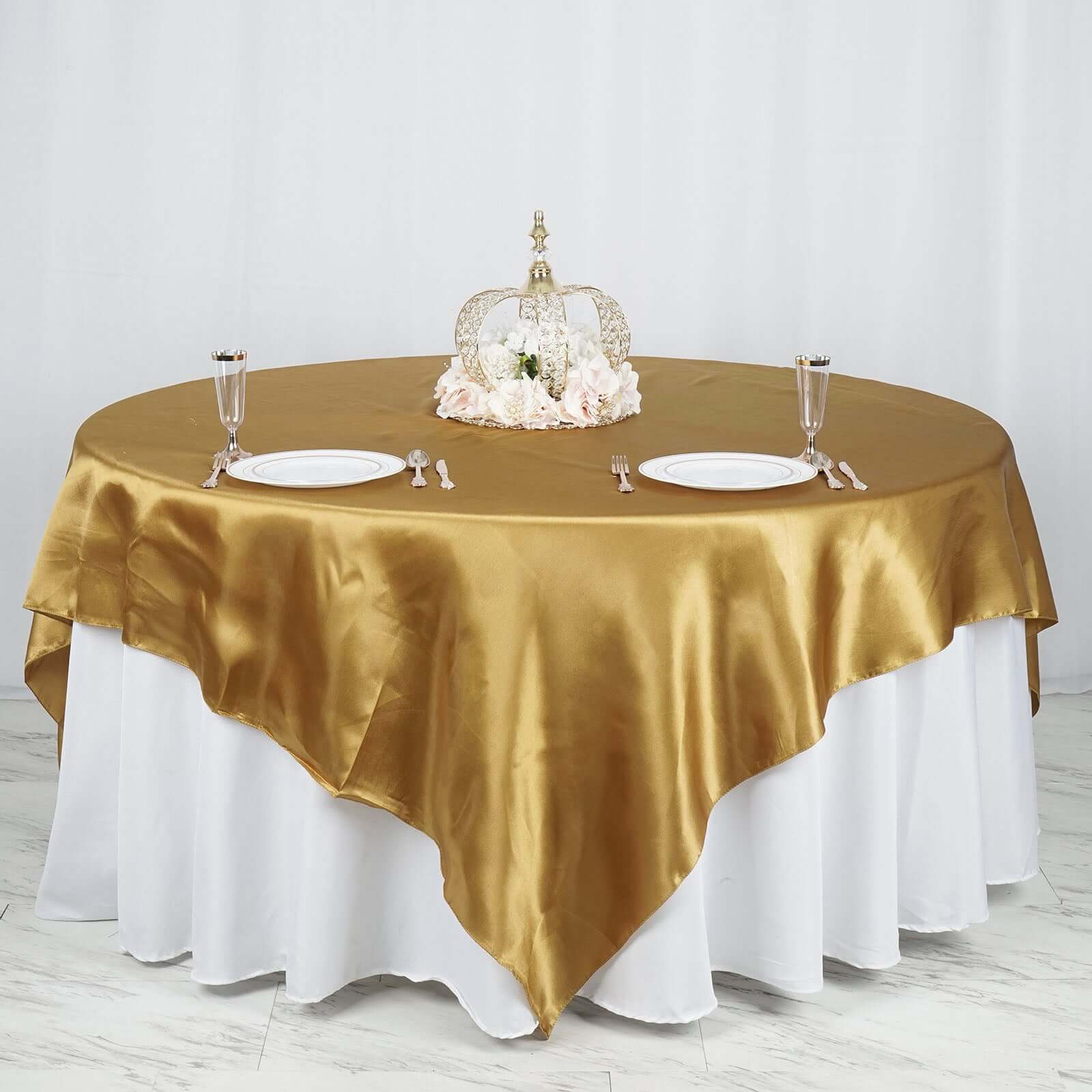 Satin 90"x90" Table Overlay Square Tablecloth Gold - Smooth Finish for Luxurious Events - Linen Luxes