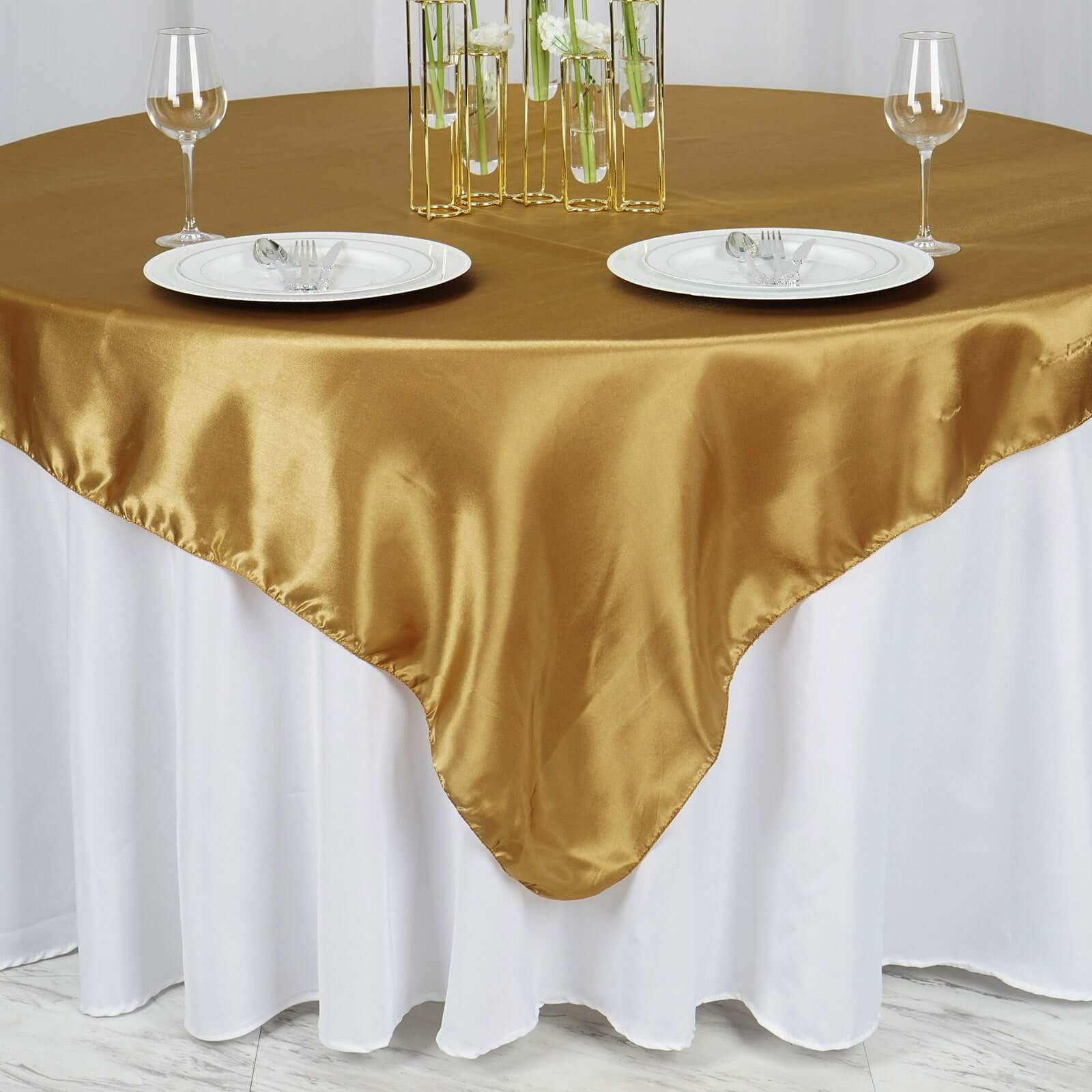 Satin 90"x90" Table Overlay Square Tablecloth Gold - Smooth Finish for Luxurious Events - Linen Luxes