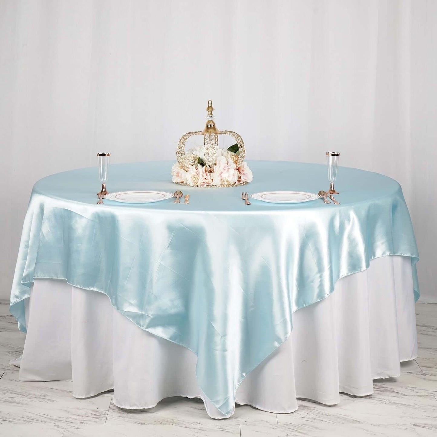 Satin 90"x90" Table Overlay Square Tablecloth Light Blue - Smooth Finish Table Topper - Linen Luxes