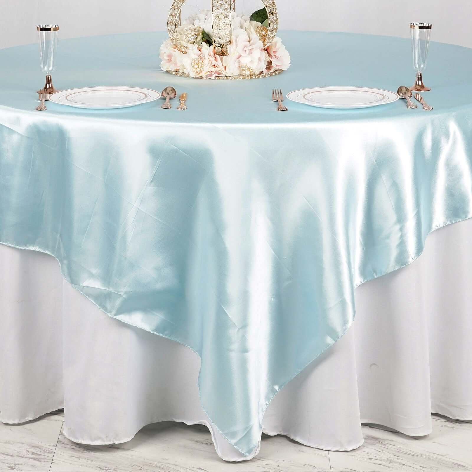Satin 90"x90" Table Overlay Square Tablecloth Light Blue - Smooth Finish Table Topper - Linen Luxes