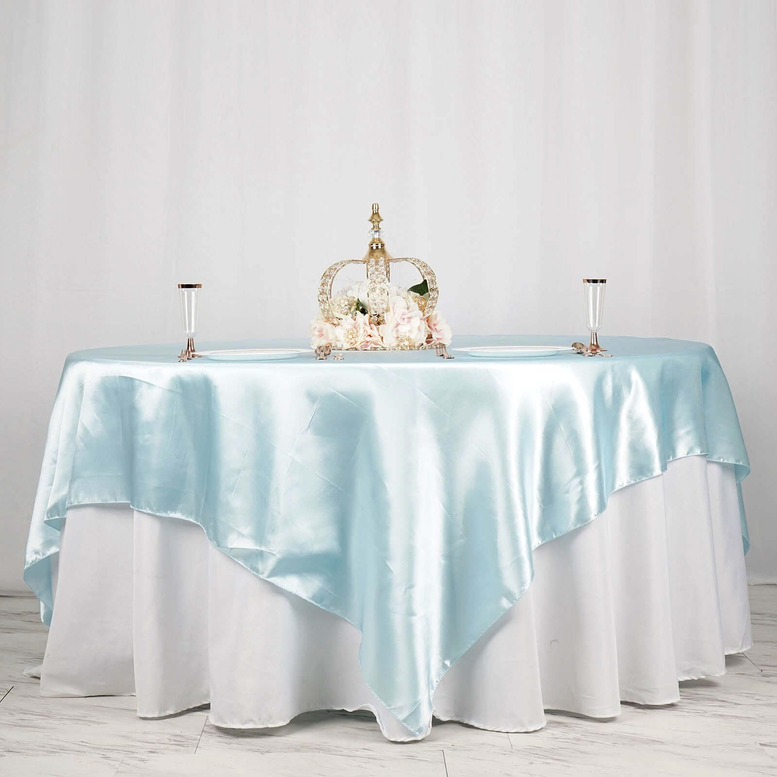 Satin 90"x90" Table Overlay Square Tablecloth Light Blue - Smooth Finish Table Topper - Linen Luxes
