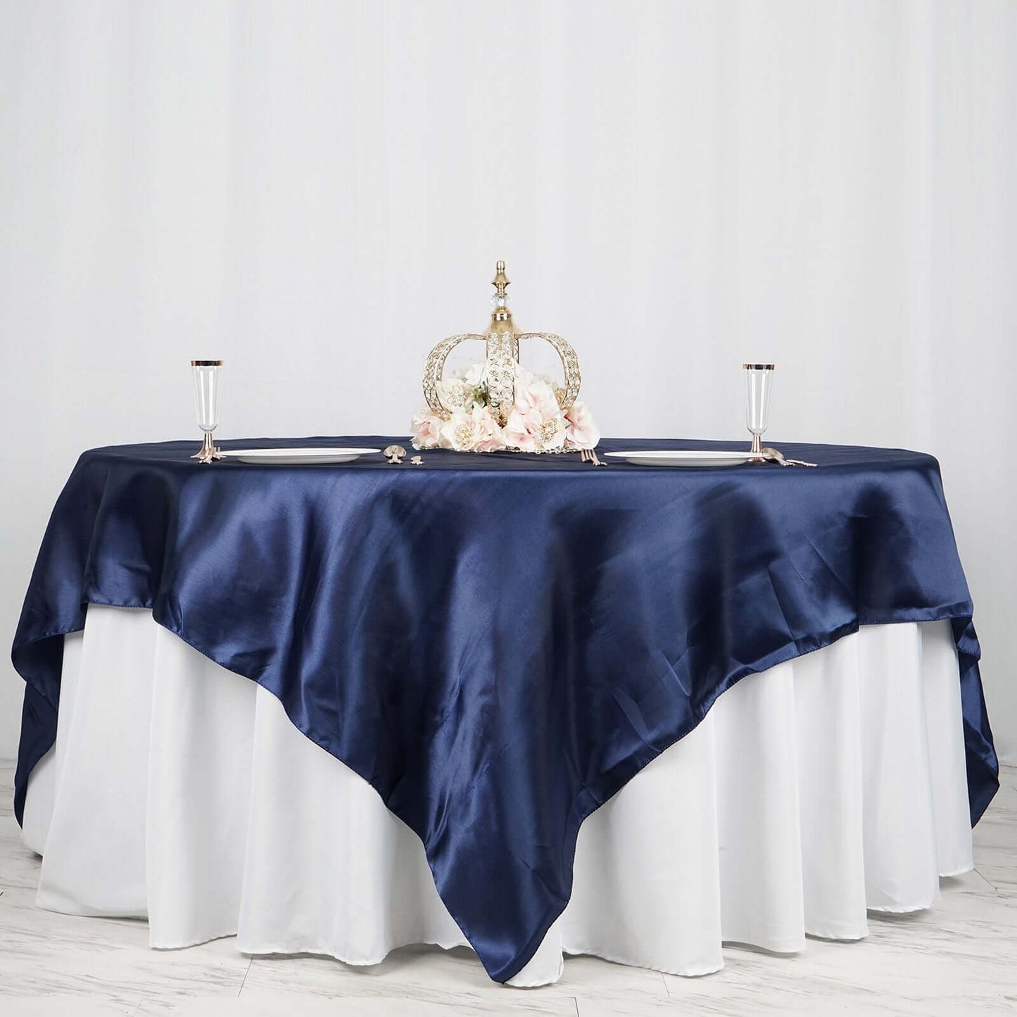 Satin 90"x90" Table Overlay Square Tablecloth Navy Blue - Smooth Finish Table Topper - Linen Luxes