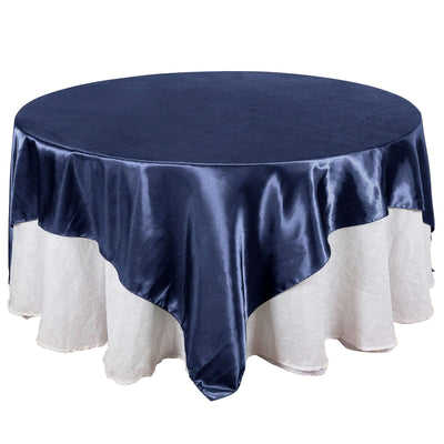 Satin 90"x90" Table Overlay Square Tablecloth Navy Blue - Smooth Finish Table Topper - Linen Luxes