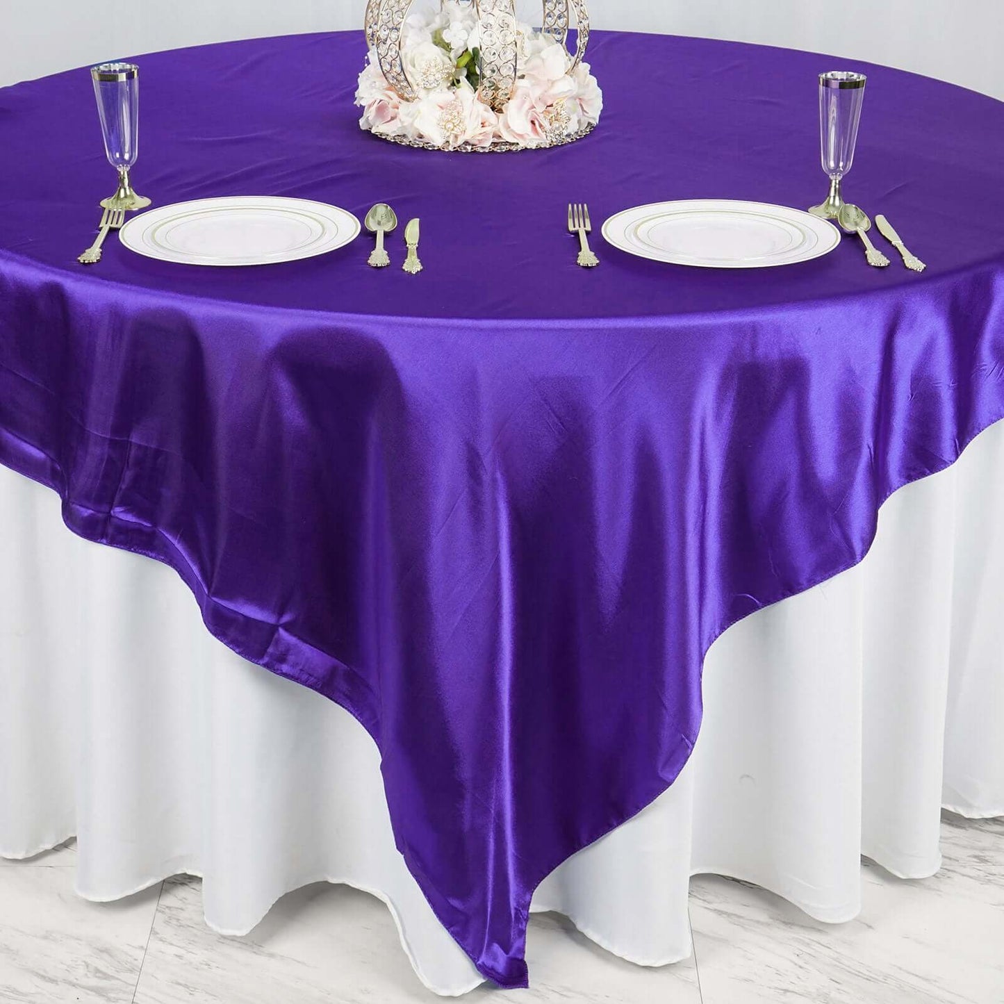 Satin 90"x90" Table Overlay Square Tablecloth Purple - Smooth Finish Table Topper - Linen Luxes