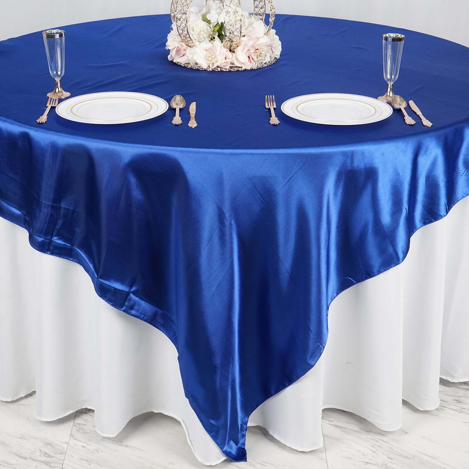 Satin 90"x90" Table Overlay Square Tablecloth Royal Blue - Smooth Finish Table Topper - Linen Luxes