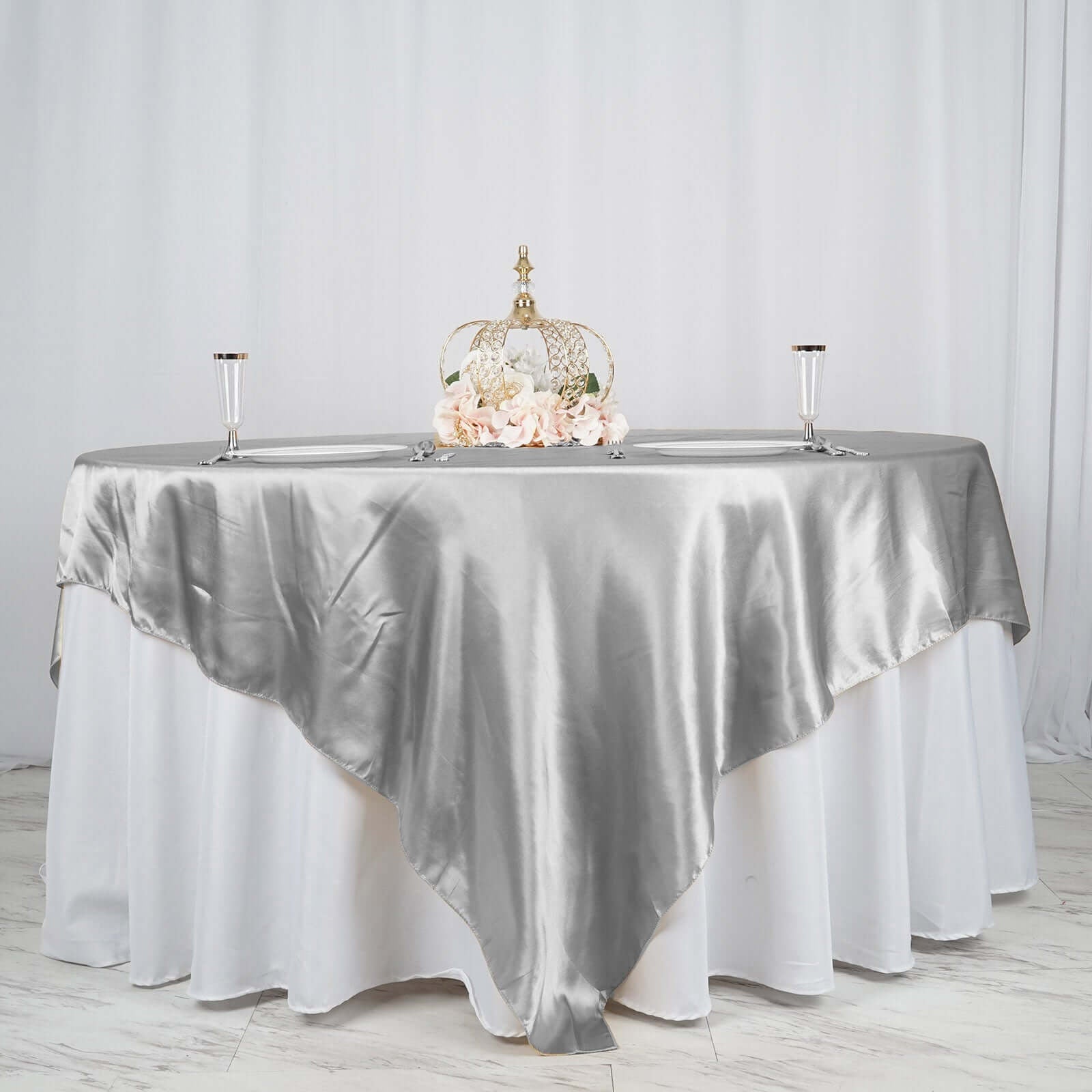 Satin 90"x90" Table Overlay Square Tablecloth Silver - Smooth Finish Table Topper - Linen Luxes