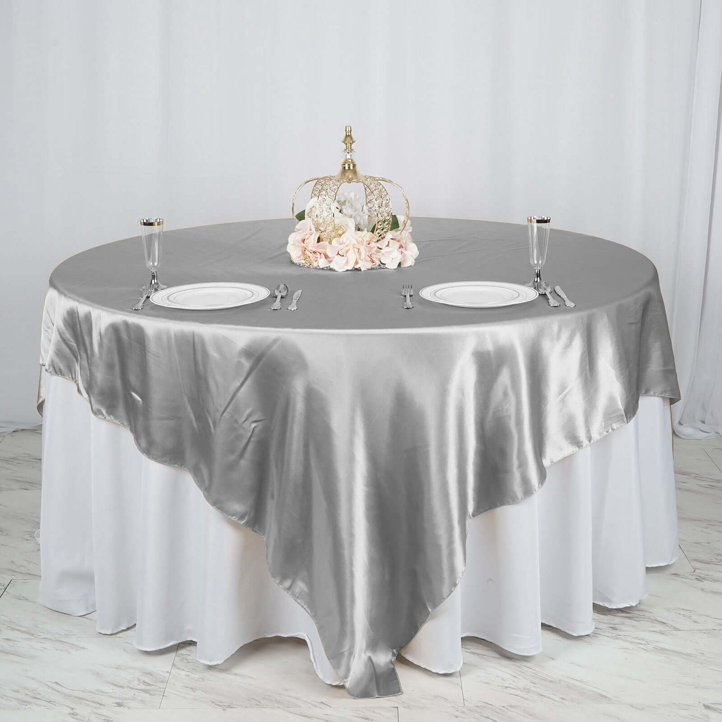 Satin 90"x90" Table Overlay Square Tablecloth Silver - Smooth Finish Table Topper - Linen Luxes