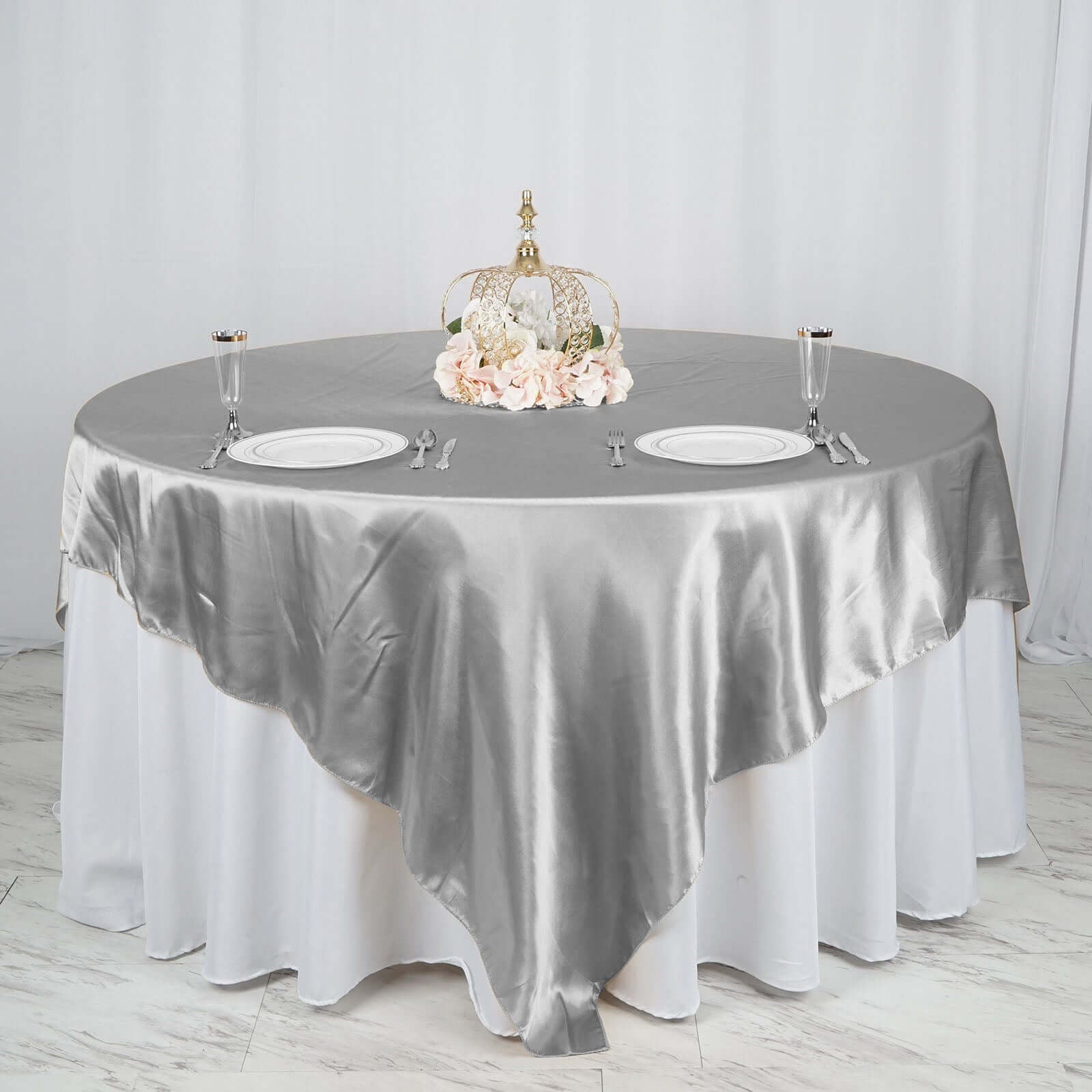 Satin 90"x90" Table Overlay Square Tablecloth Silver - Smooth Finish Table Topper - Linen Luxes