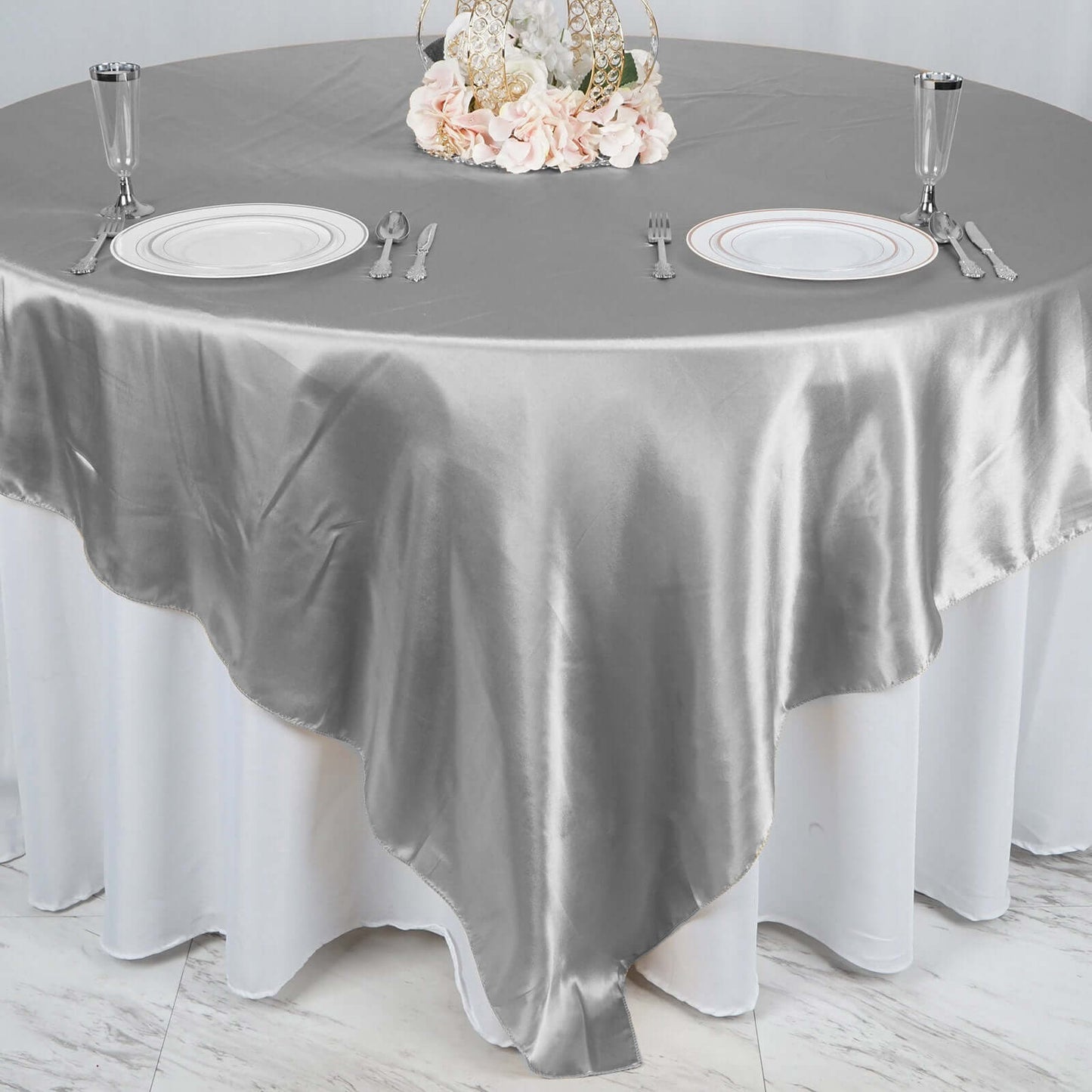 Satin 90"x90" Table Overlay Square Tablecloth Silver - Smooth Finish Table Topper - Linen Luxes