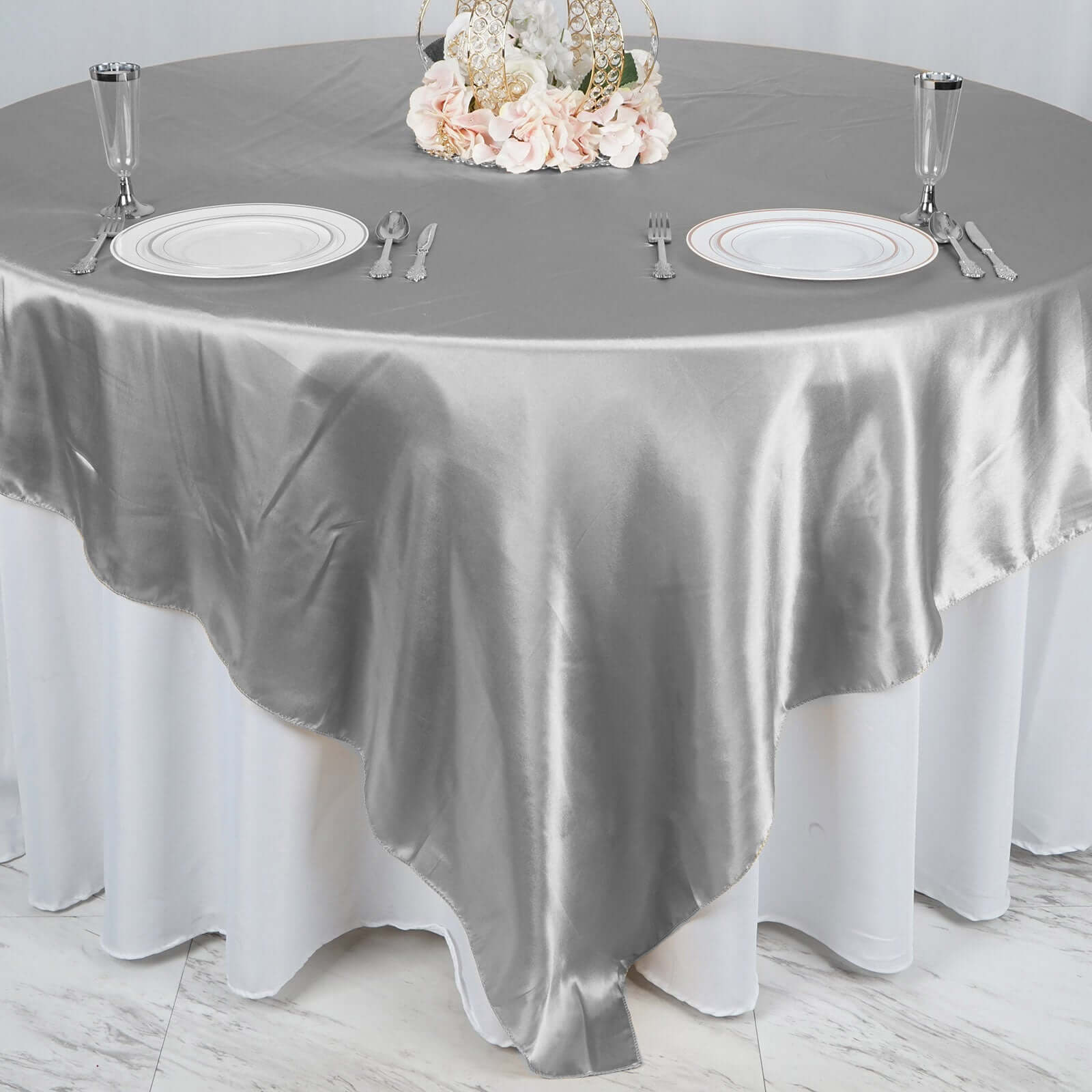 Satin 90"x90" Table Overlay Square Tablecloth Silver - Smooth Finish Table Topper - Linen Luxes