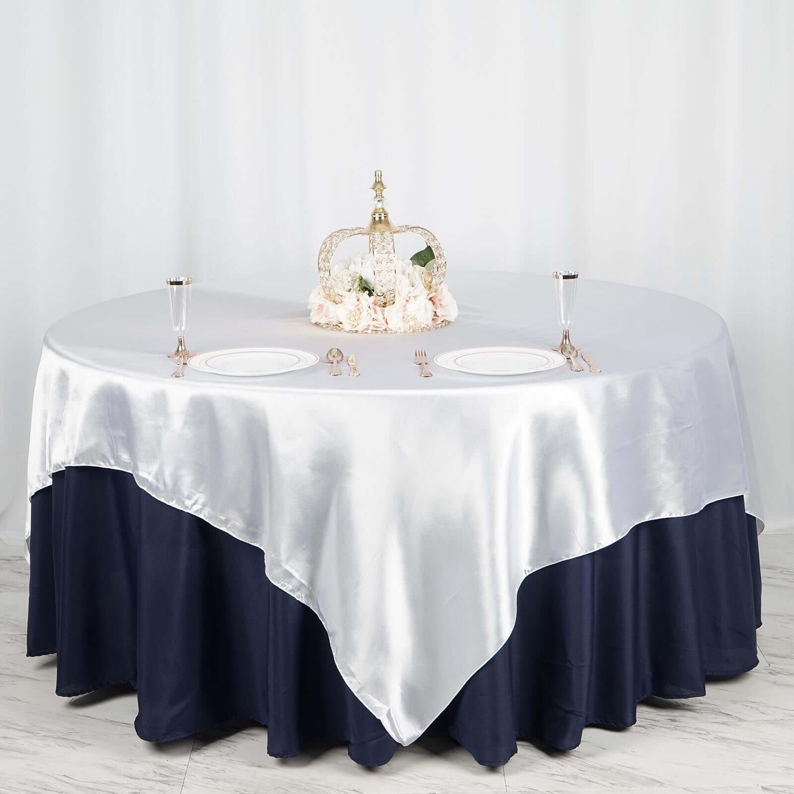 Satin 90"x90" Table Overlay Square Tablecloth White - Smooth Finish for Luxurious Events - Linen Luxes