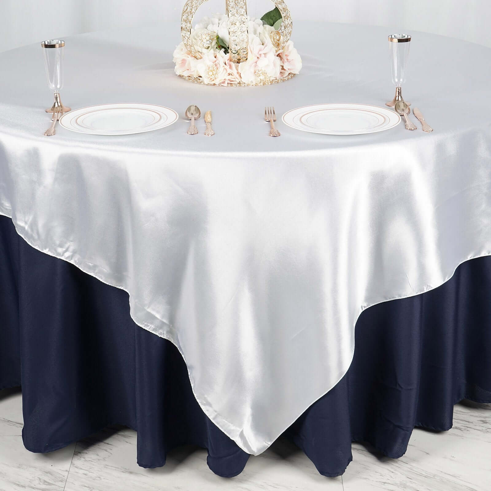 Satin 90"x90" Table Overlay Square Tablecloth White - Smooth Finish for Luxurious Events - Linen Luxes