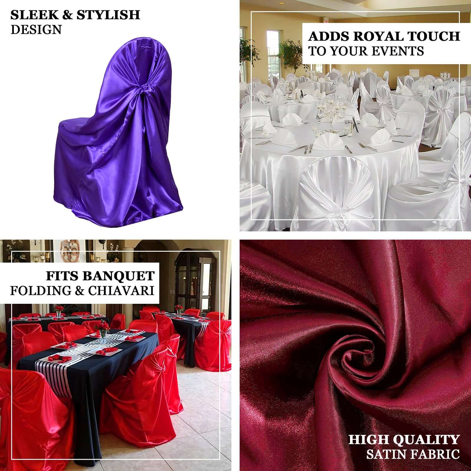 Satin Chair Cover Self - Tie Universal Design Burgundy - Durable Slip - On Cover for Folding, Dining, Banquet & Standard Chairs - Linen Luxes