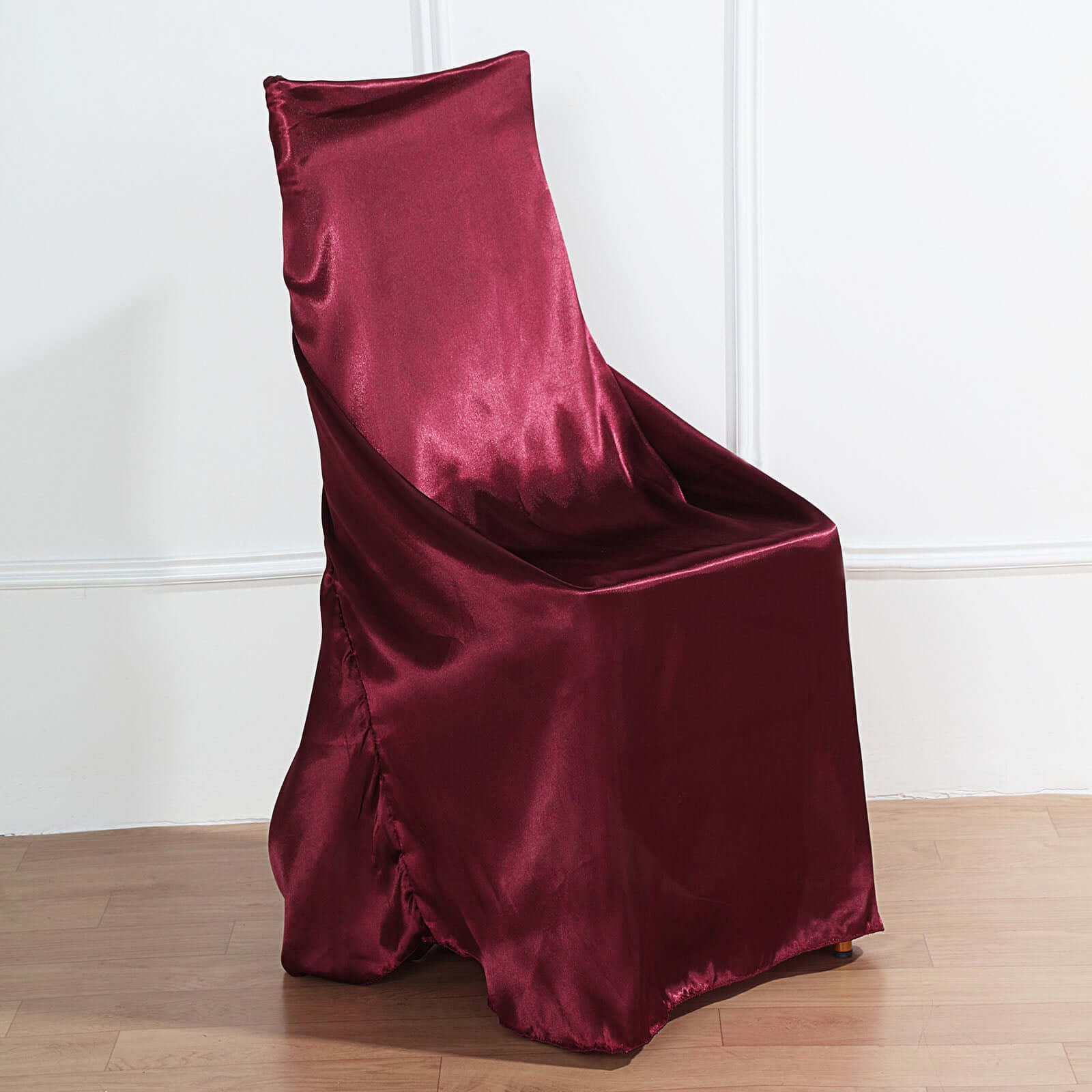 Satin Chair Cover Self - Tie Universal Design Burgundy - Durable Slip - On Cover for Folding, Dining, Banquet & Standard Chairs - Linen Luxes