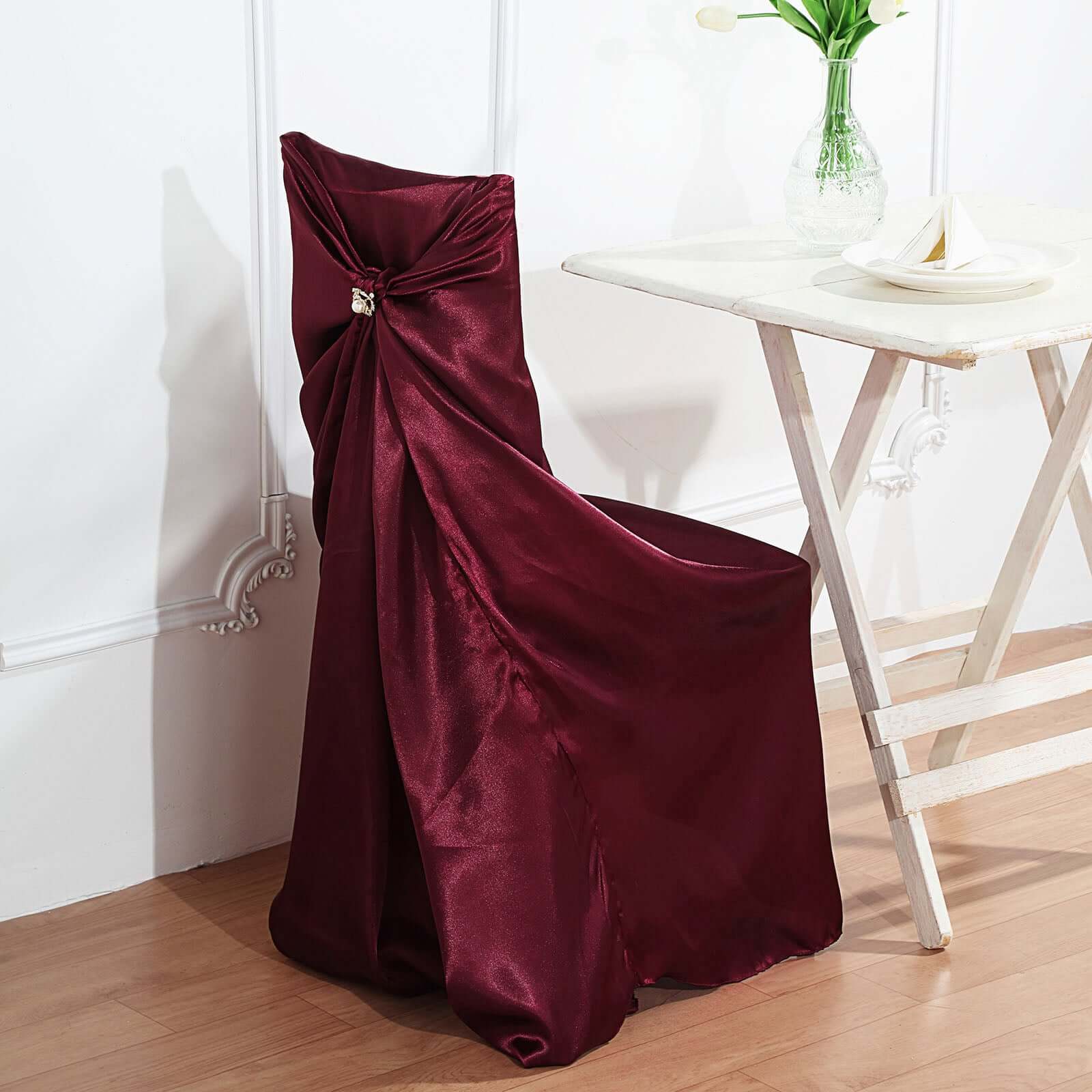 Satin Chair Cover Self - Tie Universal Design Burgundy - Durable Slip - On Cover for Folding, Dining, Banquet & Standard Chairs - Linen Luxes