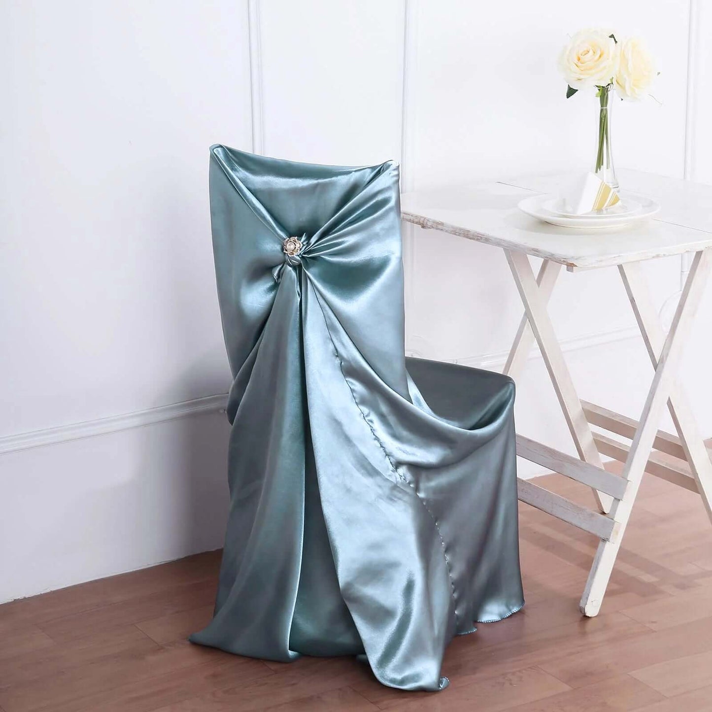 Satin Chair Cover Self - Tie Universal Design Dusty Blue - Durable Slip - On Cover for Folding, Dining, Banquet & Standard Chairs - Linen Luxes