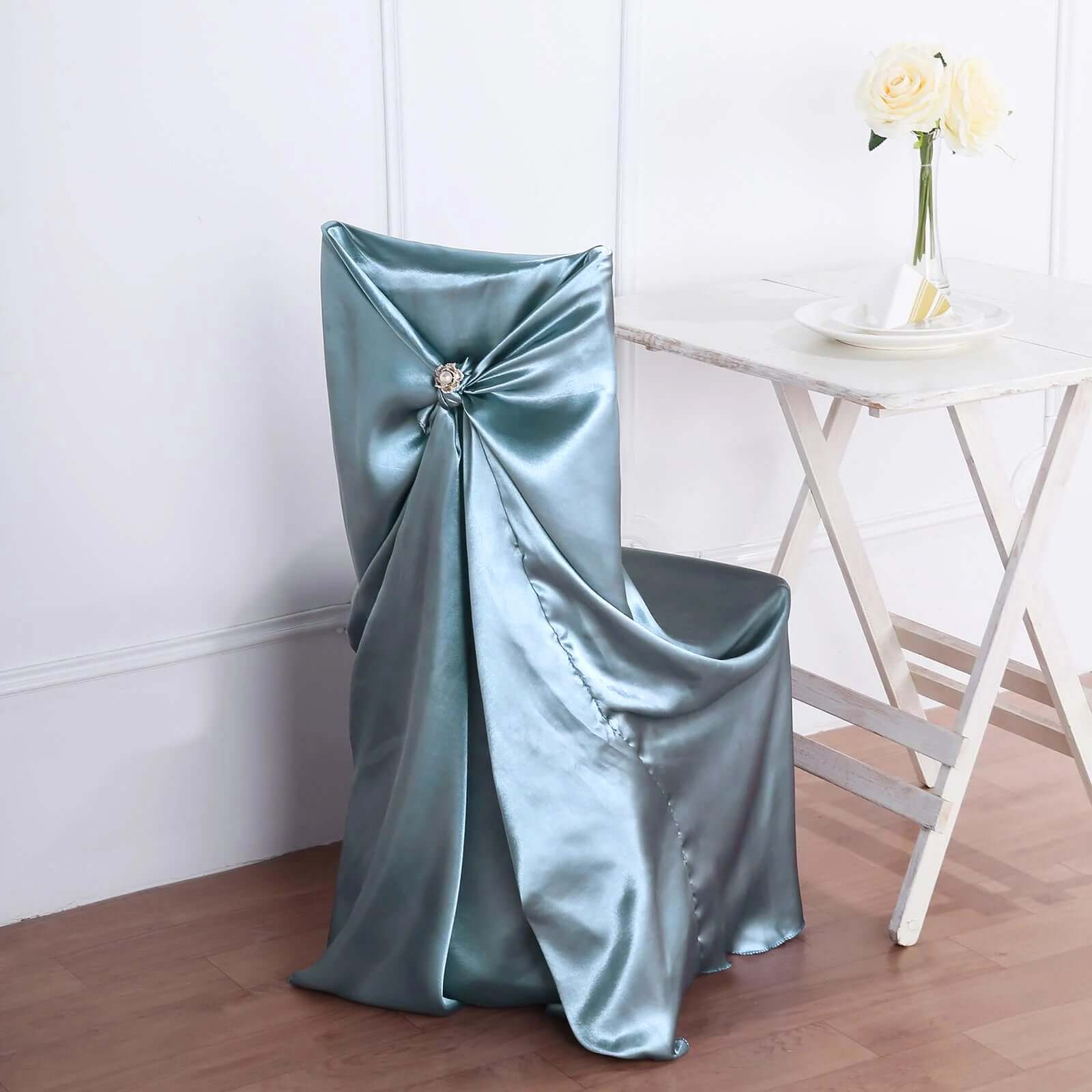 Satin Chair Cover Self - Tie Universal Design Dusty Blue - Durable Slip - On Cover for Folding, Dining, Banquet & Standard Chairs - Linen Luxes