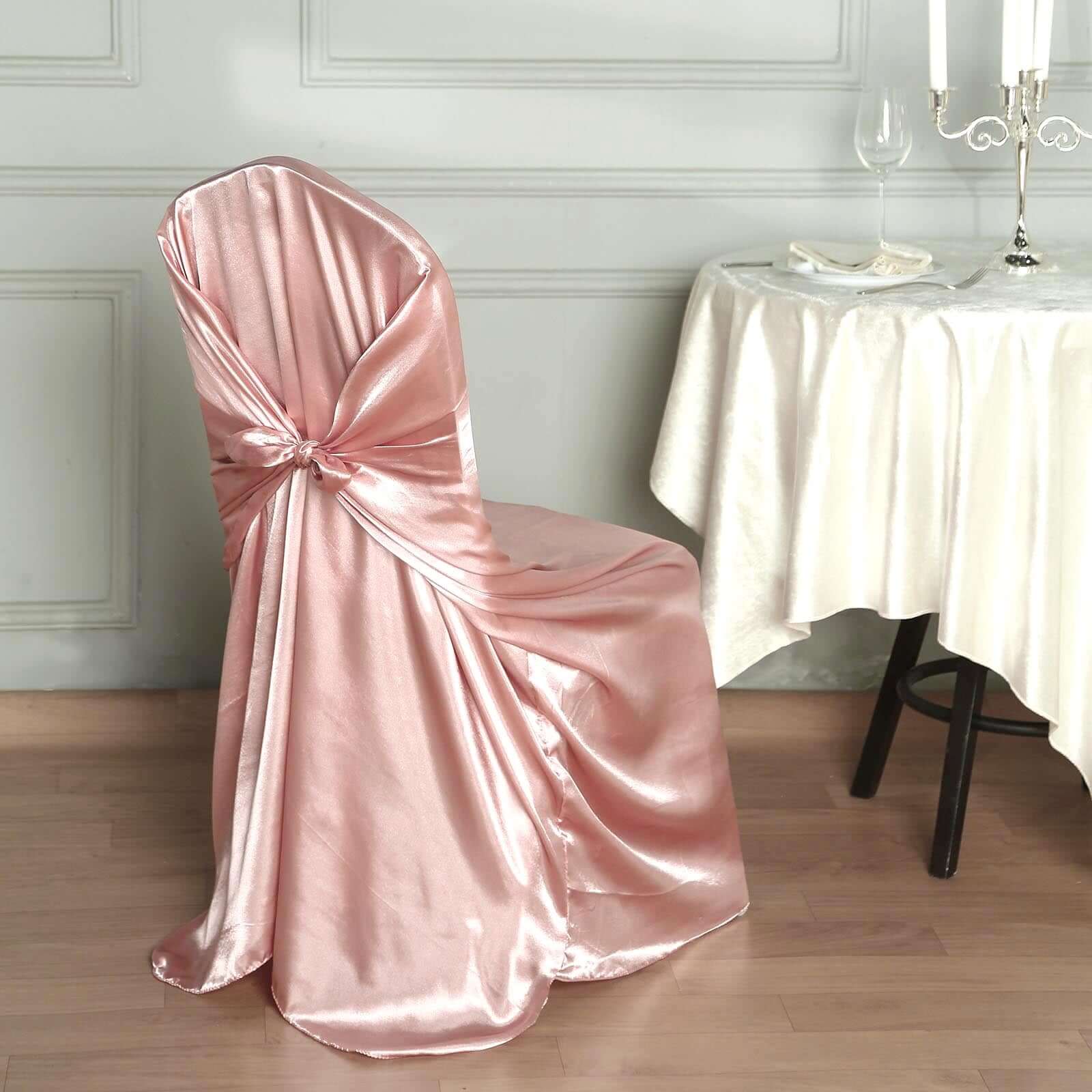 Satin Chair Cover Self - Tie Universal Design Dusty Rose - Durable Slip - On Cover for Folding, Dining, Banquet & Standard Chairs - Linen Luxes