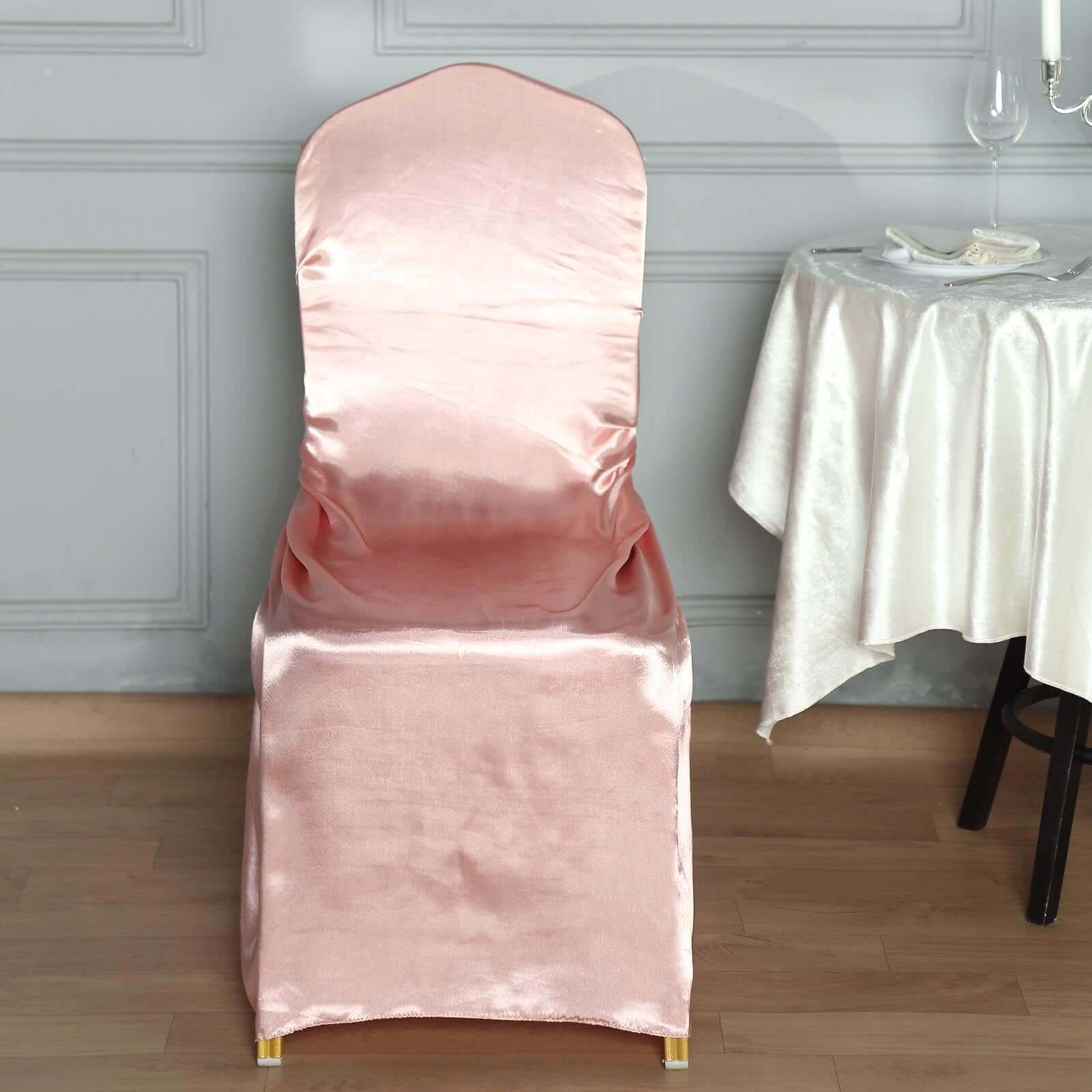 Satin Chair Cover Self - Tie Universal Design Dusty Rose - Durable Slip - On Cover for Folding, Dining, Banquet & Standard Chairs - Linen Luxes