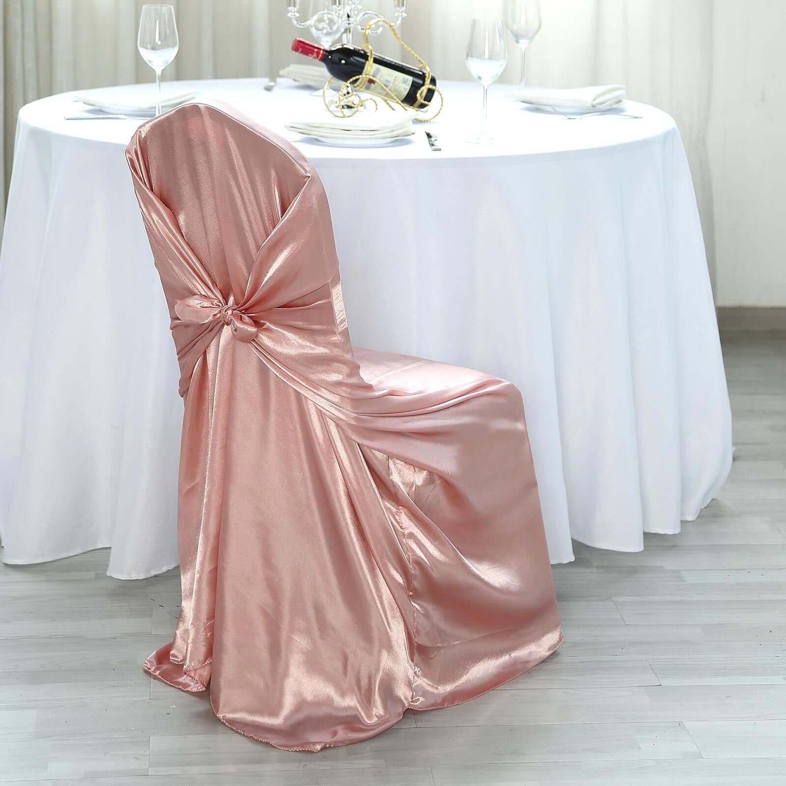 Satin Chair Cover Self - Tie Universal Design Dusty Rose - Durable Slip - On Cover for Folding, Dining, Banquet & Standard Chairs - Linen Luxes