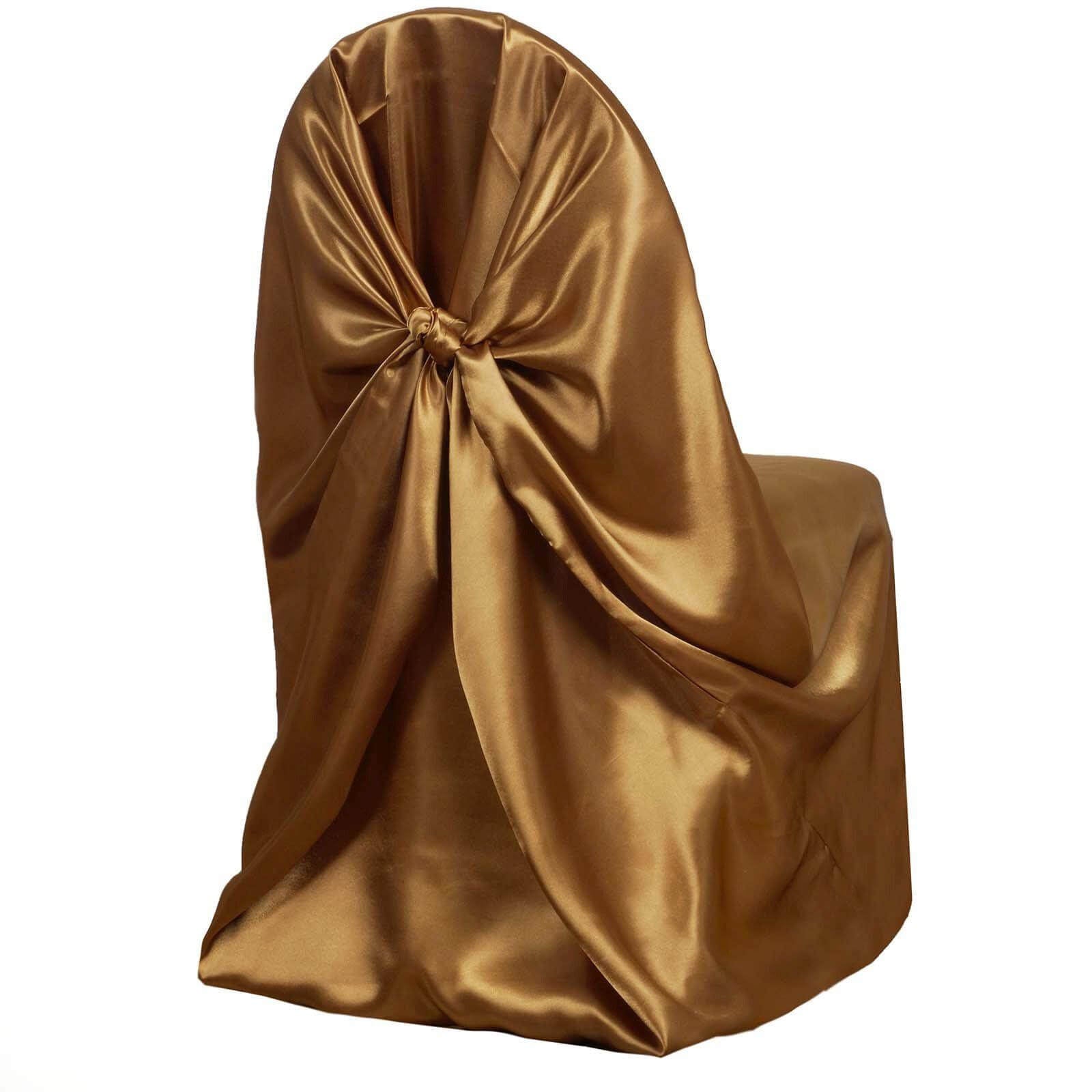 Satin Chair Cover Self - Tie Universal Design Gold - Durable Slip - On Cover for Folding, Dining, Banquet & Standard Chairs - Linen Luxes