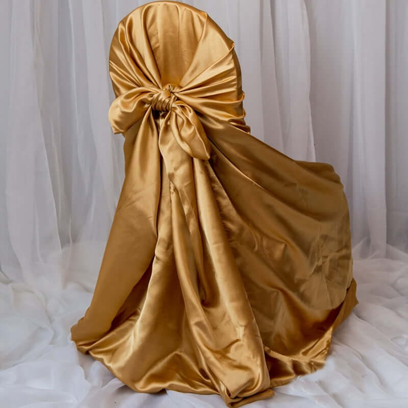 Satin Chair Cover Self - Tie Universal Design Gold - Durable Slip - On Cover for Folding, Dining, Banquet & Standard Chairs - Linen Luxes