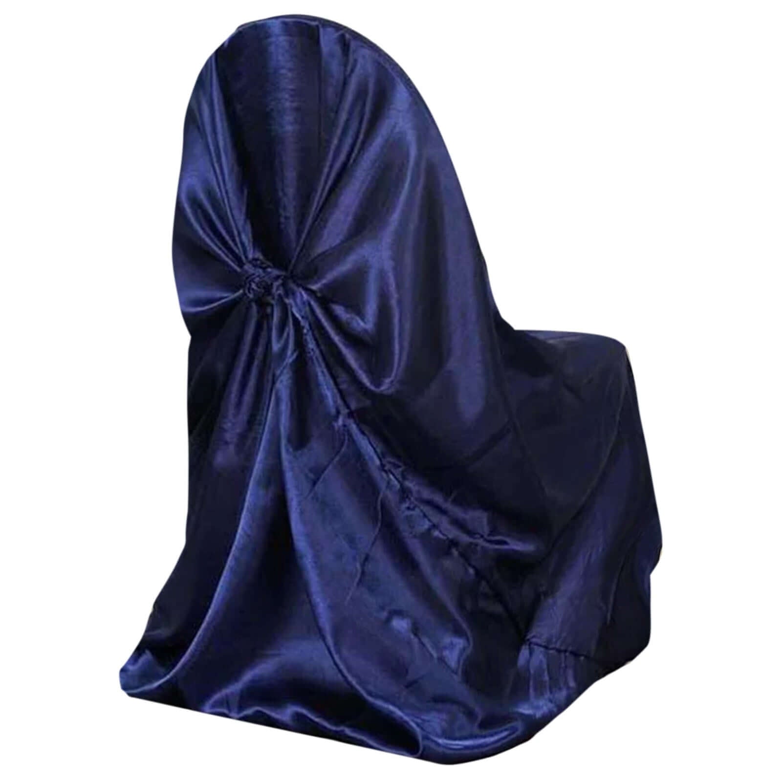 Satin Chair Cover Self - Tie Universal Design Navy Blue - Durable Slip - On Cover for Folding, Dining, Banquet & Standard Chairs - Linen Luxes