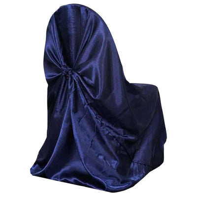 Satin Chair Cover Self - Tie Universal Design Navy Blue - Durable Slip - On Cover for Folding, Dining, Banquet & Standard Chairs - Linen Luxes