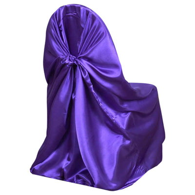 Satin Chair Cover Self - Tie Universal Design Purple - Durable Slip - On Cover for Folding, Dining, Banquet & Standard Chairs - Linen Luxes