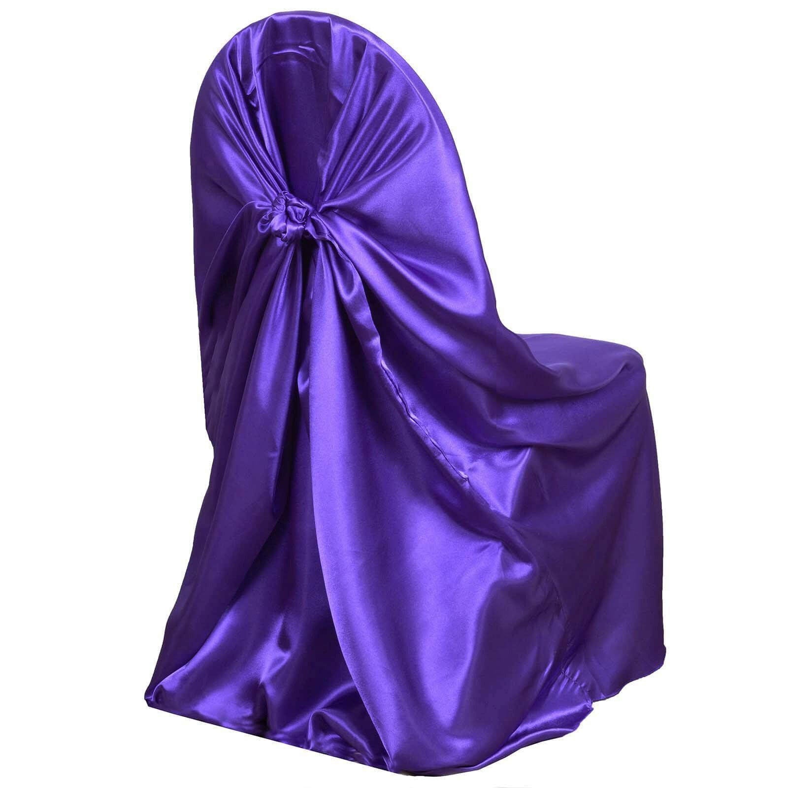Satin Chair Cover Self - Tie Universal Design Purple - Durable Slip - On Cover for Folding, Dining, Banquet & Standard Chairs - Linen Luxes